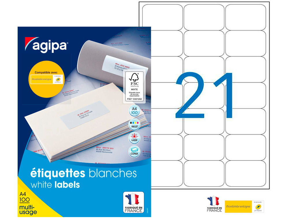 ÉTIQUETTE ADHÉSIVE APLI AGIPA MULTI-USAGE 63.5X38.1MM TOUTE IMPRIMANTE COINS ARRONDIS BOÎTE 2100 UNITÉS