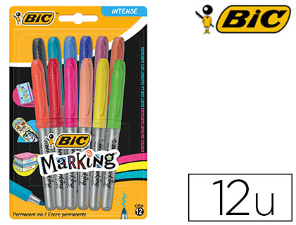 MARQUEUR BIC PERMANENT MARKING POINTE OGIVE TRACE 1.8MM ENCRE BASE ALCOOL COLORIS INTENSES ASSORTIS BLISTER 12 UNITS