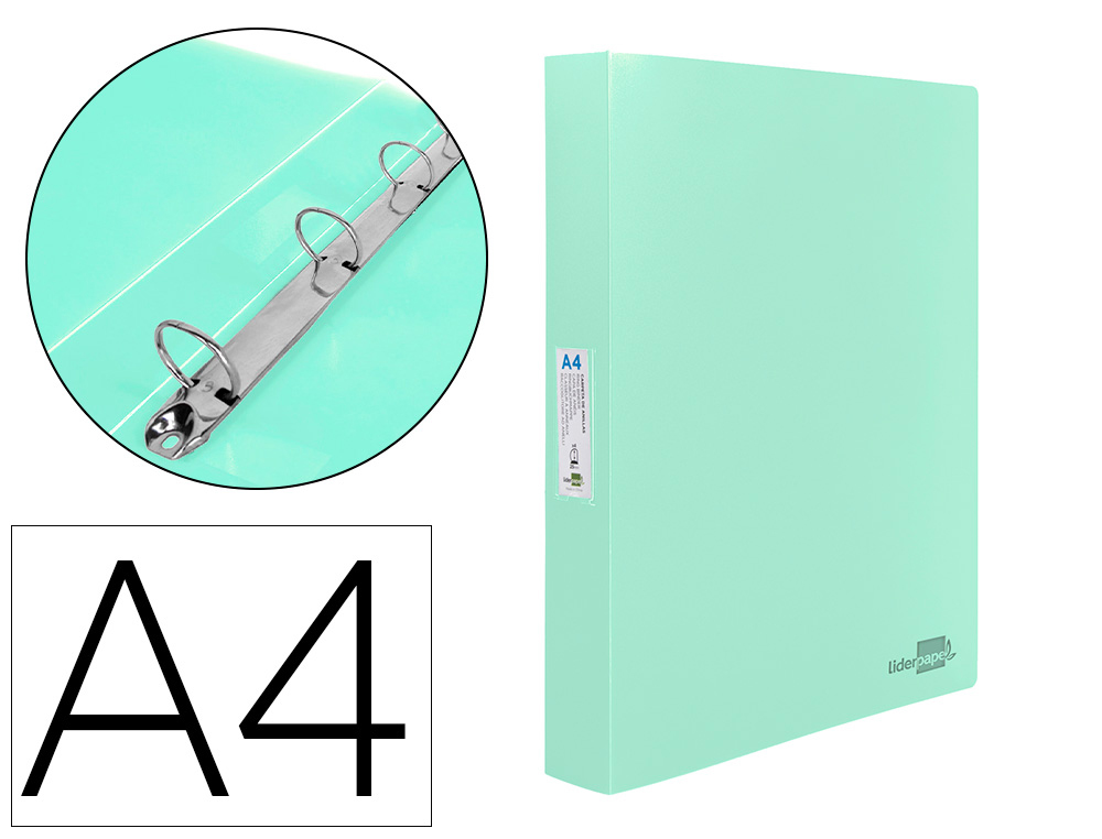 CLASSEUR LIDERPAPEL 4 ANNEAUX 40MM A4 POLYPROPYLENE DOS     55MM PORTE-CARTES DE VISITE   COLORIS VERT POMME