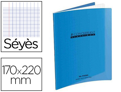 CAHIER PIQUÉ CONQUÉRANT CLASSIQUE COUVERTURE POLYPROPYLÈNE RIGIDE TRANSPARENTE 17X22CM 96 PAGES 90G SÉYÈS COLORIS BLEU