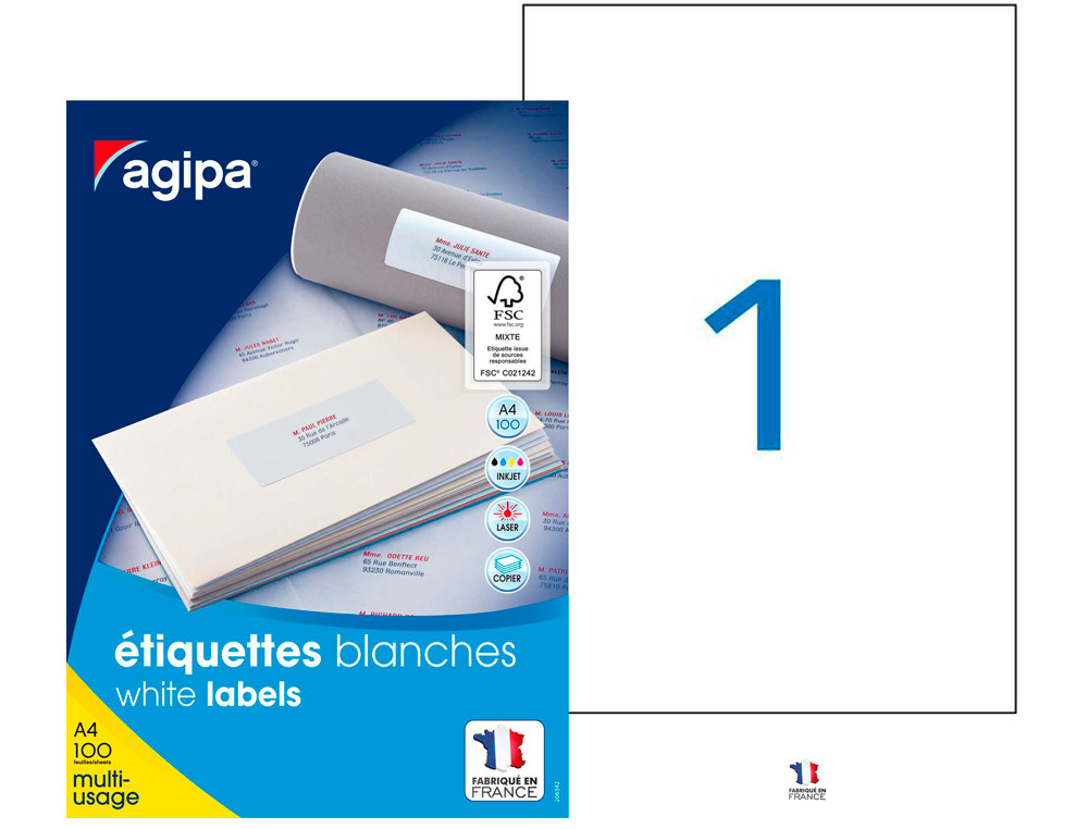 ÉTIQUETTE ADHÉSIVE APLI AGIPA MULTI-USAGE 210X297MM TOUTE IMPRIMANTE BOÎTE 100 UNITÉS
