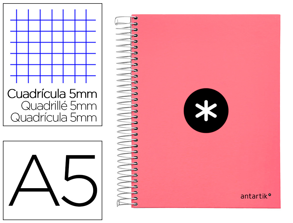 CAHIER SPIRALE LIDERPAPEL ANTARTIK A5 240P 90G REMBORD QUADRILLAGE 5MM MICROPERFOR 5BANDES 6 TROUS COLORIS CORAIL