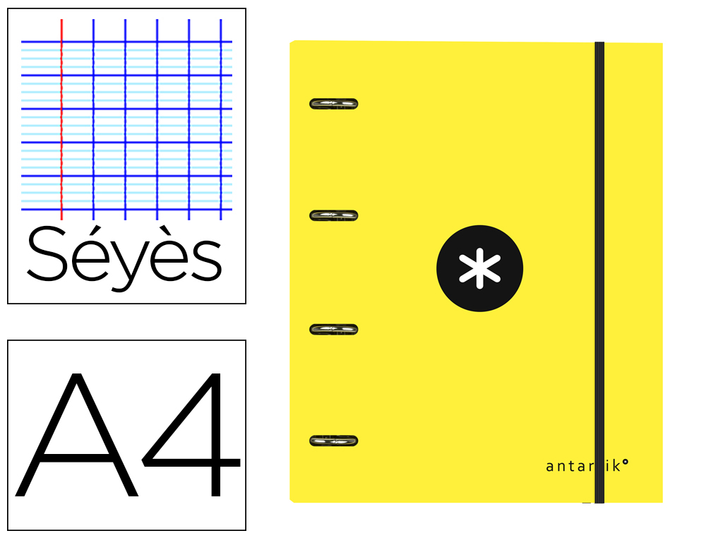 CLASSEUR LIDERPAPEL ANTARTIK 4 ANNEAUX 25MM A4 CARTON REMBORD FEUILLETS MOBILES SYS COLORIS JAUNE
