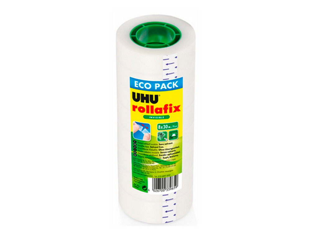 RUBAN ADHESIF UHU ROLLAFIX INVISIBLE LOT DE 8 ROULEAUX   30M X 19MM