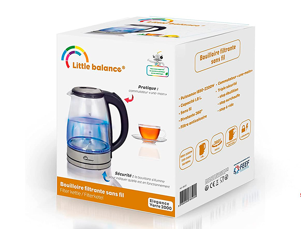 BOUILLOIRE LECTRIQUE VERRE 1,7L 2000W SANS FIL ANTI CALCAIRE