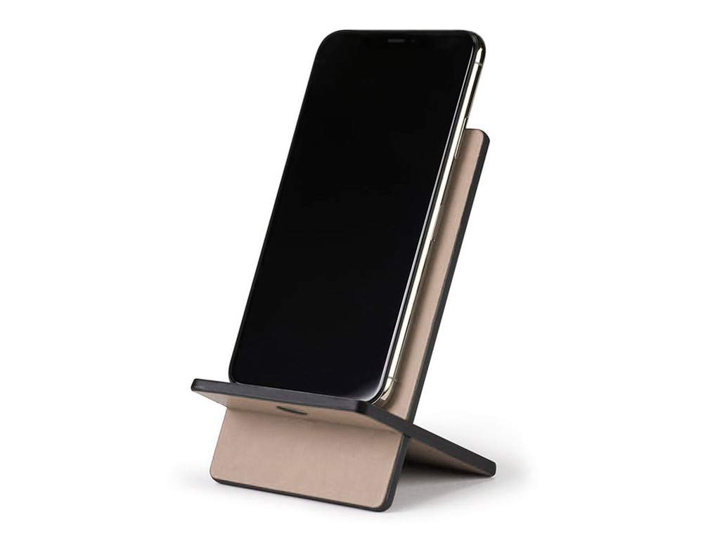 SUPPORT RHODIARAMA POUR T L PHONE MOBILE EN SIMIL CUIR TAUPE 8X8X13,5CM