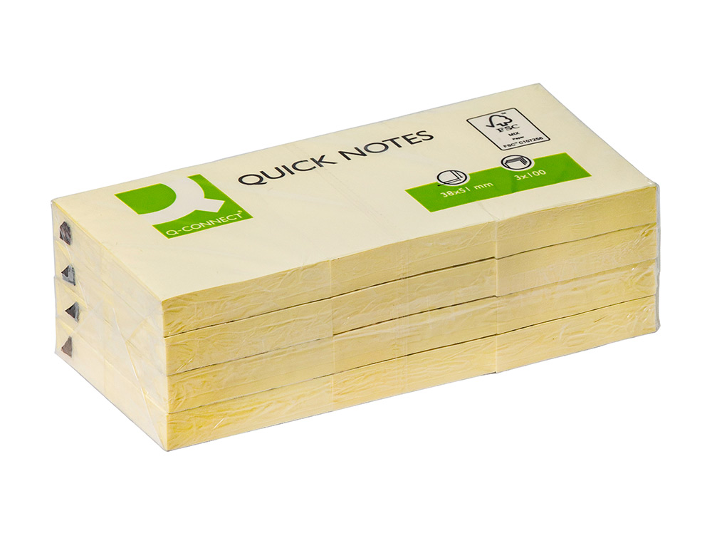 BLOC-NOTES Q-CONNECT QUICK NOTES 38X51MM 3 BLOCS 100F REPOSITIONNABLES COLORIS JAUNE
