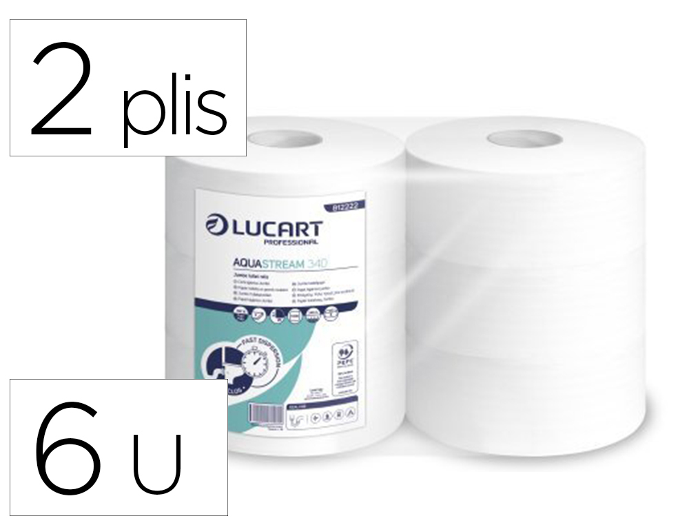 PAPIER TOILETTE JUMBO AQUASTREAM 340M 2 PLIS        COLORIS BLANC LOT DE 6