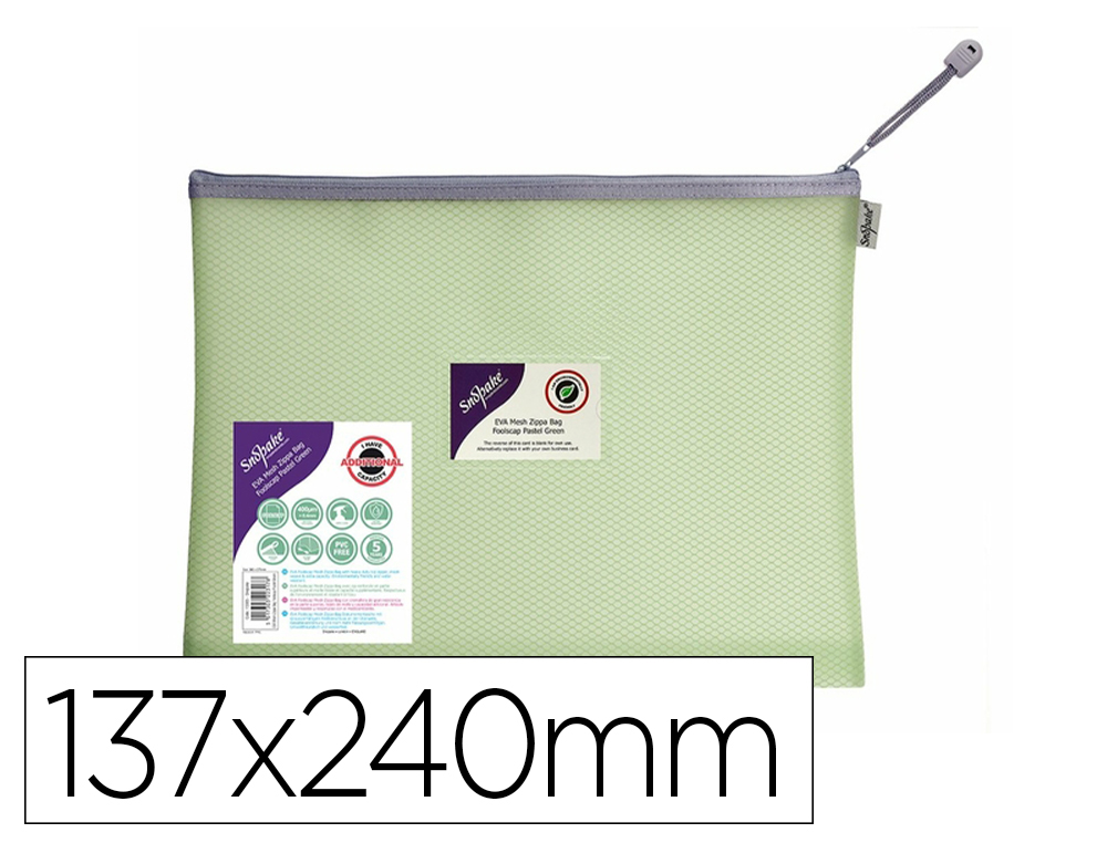POCHETTE ENVELOPPE SNOPAKE ZIP EVA MESH DL 137X240MM     PORTE-CARTES VISITE COLORIS   VERT PASTEL