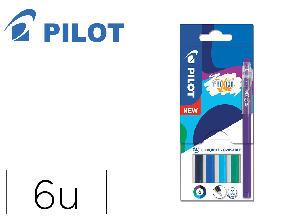 STYLO PILOT FRIXION BALL STICKS ENCRE EFFACABLE POINTE 0,7MM 6 COLORIS ASSORTIS TONS FROIDS POCHETTE 6 UNITES