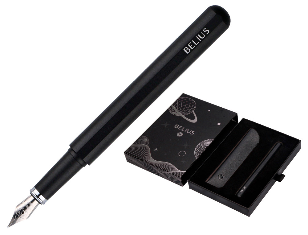 STYLO-PLUME ET ETUI EN SIMILI CUIR BELIUS SPACE B MONOCHROME SANS AGRAFE ENCRE BLEUE COLORIS NOIR DANS COFFRET CADEAU