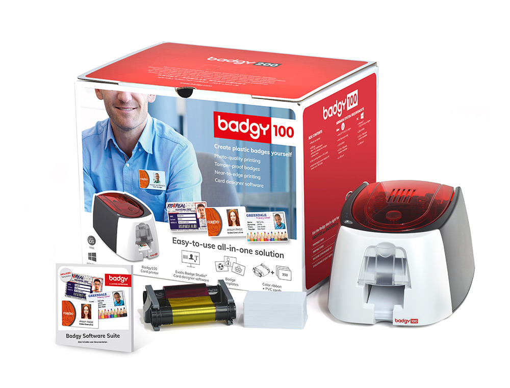IMPRIMANTE CARTES COULEUR BADGY 100 PACK INCLUANT 1     IMPRIMANTE 50 CARTES PVC 1    RUBAN COULEUR 50 IMPRESS