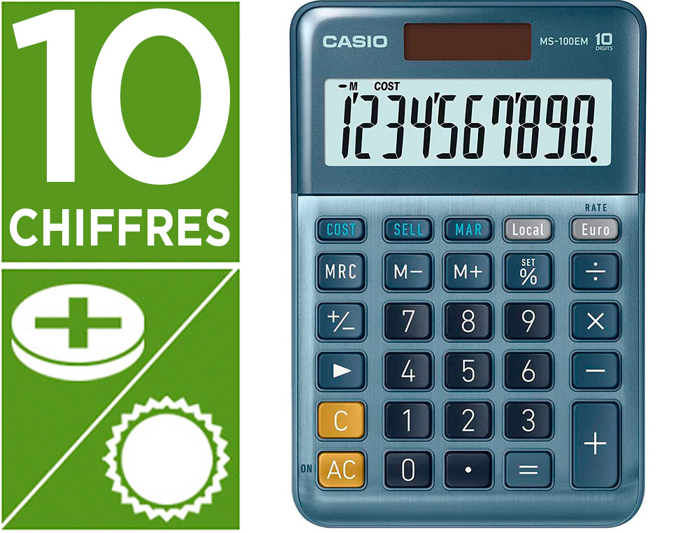 CALCULATRICE CASIO BUREAU MS100EM GRAN ECRAN 10         CHIFFRES EURO CONVERTISSEUR   MEMOIRE SOLAIRE/PILE COULEUR