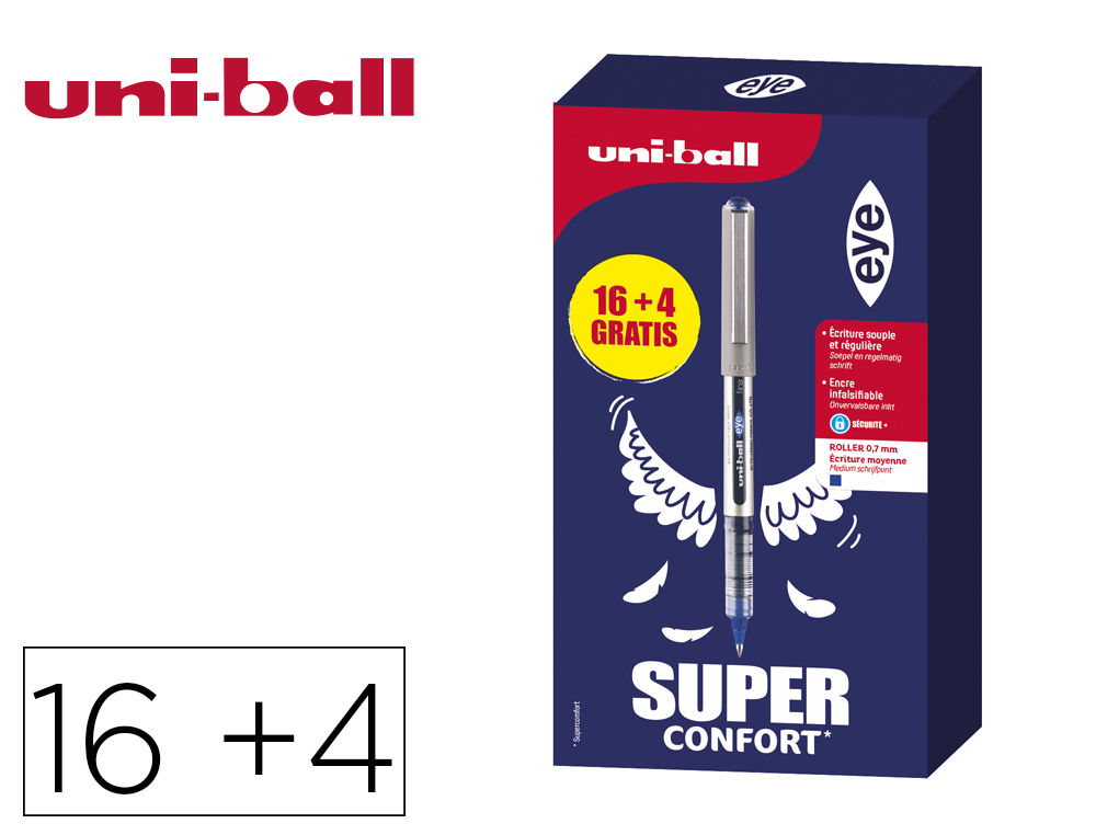 ROLLER UNIBALL EYE POINTE METAL ECRITURE FINE BOITE DE  16 + 4 ROLLERS GRATUITS BLEU