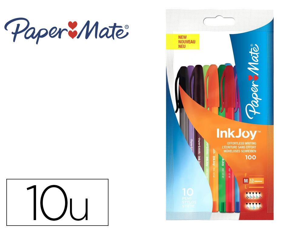 Stylo bille Papermate Inkjoy 100 rétractable écriture moyenne. Pochette de  8 couleurs assorties sur