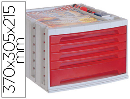 MODULE CLASSEMENT Q-CONNECT 5 TIROIRS 370X305X215MM COLORIS ROUGE TRANSPARENT
