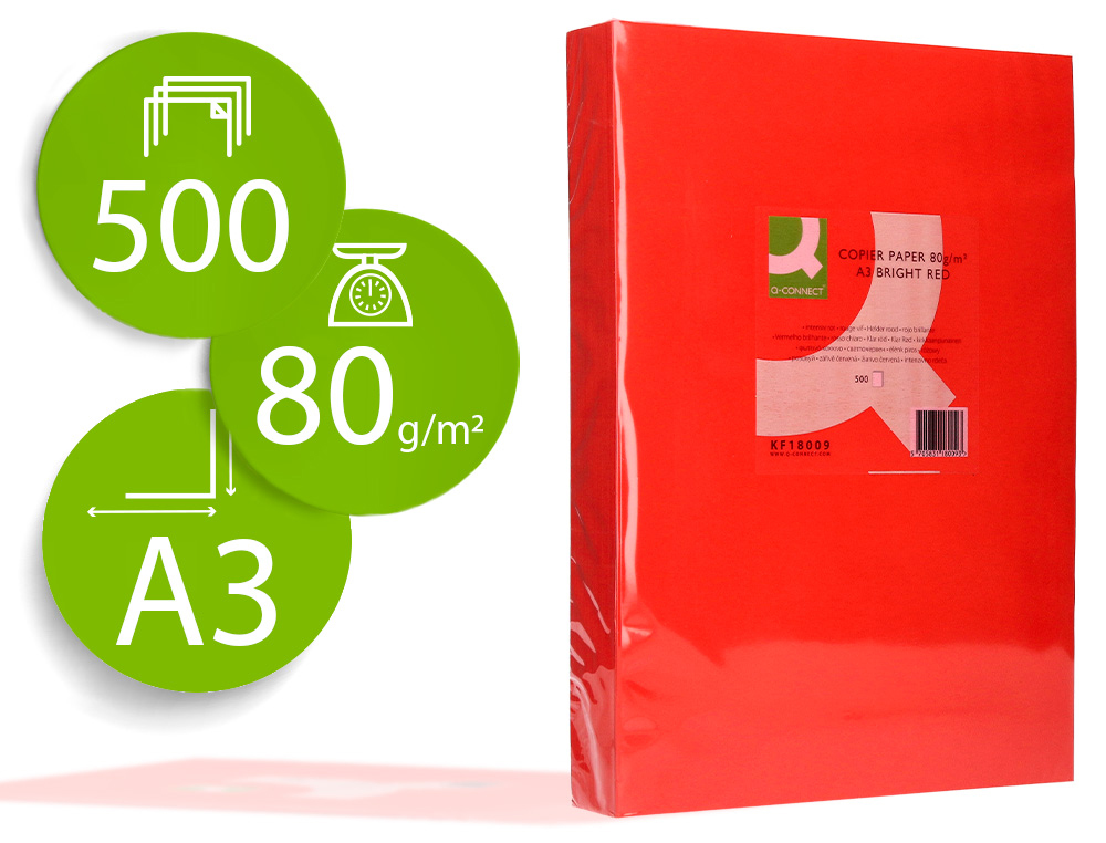 PAPIER COULEUR Q-CONNECT MULTIFONCTION A3 80G/M2 UNICOLORE ROUGE INTENSE RAMETTE 500 FEUILLES