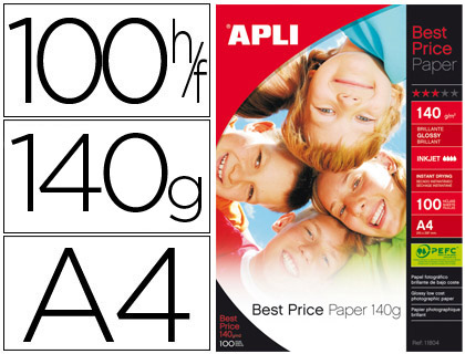 PAPIER PHOTO APLI AGIPA JET D'ENCRE BEST PRICE BRILLANT A4 140G/M2 PAQUET 100 FEUILLES