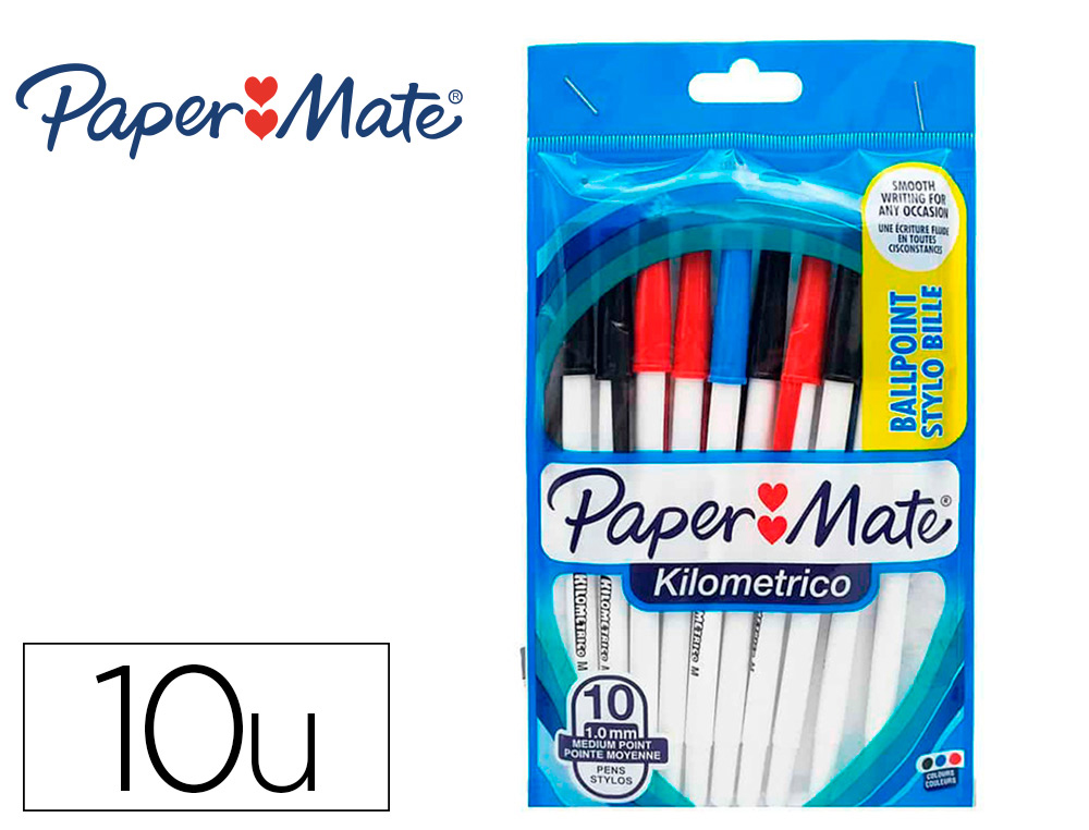 STYLO BILLE KILOMETRICO PAPER MATE POINTE MOYENNE 1MM       ENCRES ASSORITES 4NOIR 4 BLEU 2 ROUGE SACHET DE 10