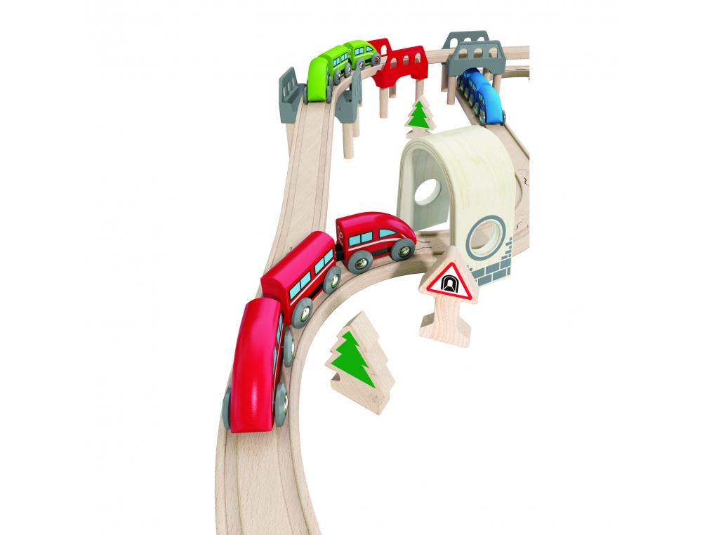CIRCUIT DE TRAIN AVEC PONT SUSPENDU  COMPRENANT 85       PIECES HAPE