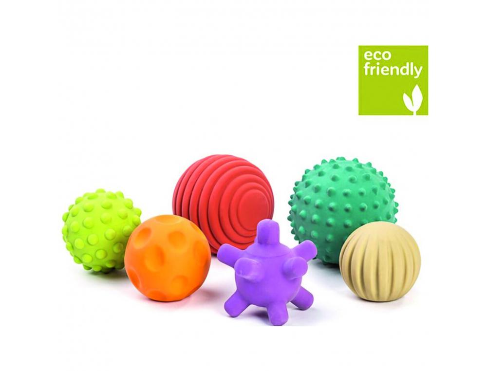 BALLES D EVEIL MINILAND BALLES SENSORIELLES           CAOUTCHOUC NATUREL LOT DE 6   COLORIS ASSORTIS