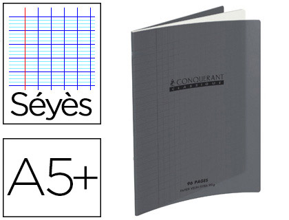 CAHIER PIQU CONQURANT CLASSIQUE COUVERTURE POLYPROPYLNE RIGIDE TRANSPARENTE 17X22CM 96 PAGES 90G SYS COLORIS GRIS