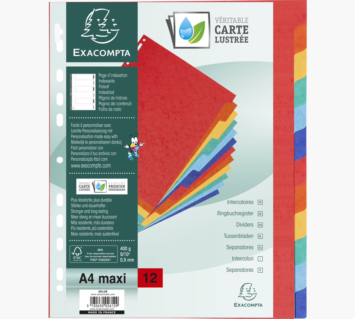 INTERCALAIRES EXACOMPTA CARTE LUSTRE RIGIDE FORMAT A4+ 24,5X29,7CM 12 POSITIONS COLORIS ASSORTIS