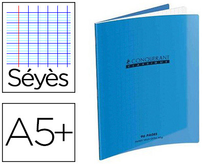 CAHIER PIQU CONQURANT CLASSIQUE COUVERTURE POLYPROPYLNE RIGIDE TRANSPARENTE A5+ 17X22CM 48 PAGES 90G SYS BLEU