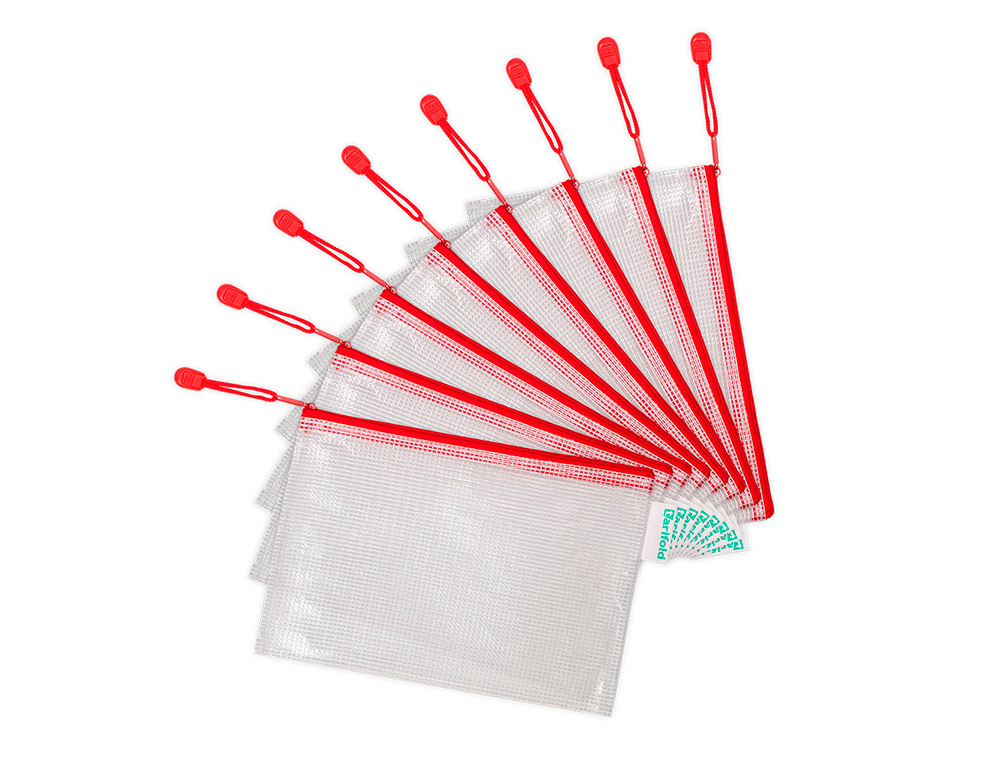 POCHETTE À ZIP TARIFOLD PVC TISSÉ TRANSPARENT A5 ULTRA-RÉSISTANT FERMETURE ÉCLAIR BORDURE ROUGE 8 UNITÉS