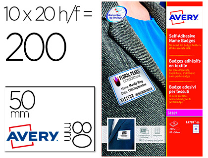 BADGE ADHESIF AVERY SOIE D'ACETATE SANS PVC LISERE     BLEU IMPRESSION LASER 50X80MM COLORIS BLANC POCHETTE 200