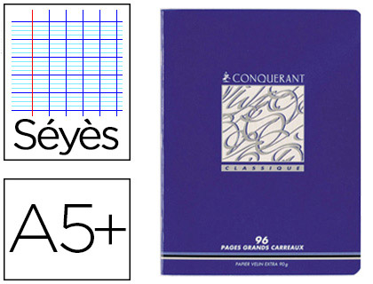 CAHIER D'CRITURE PIQU CONQURANT USAGE SCOLAIRE COUVERTURE VERNIE CARTE COUCHE A5+ 17X22CM 96 PAGES 90G SYS