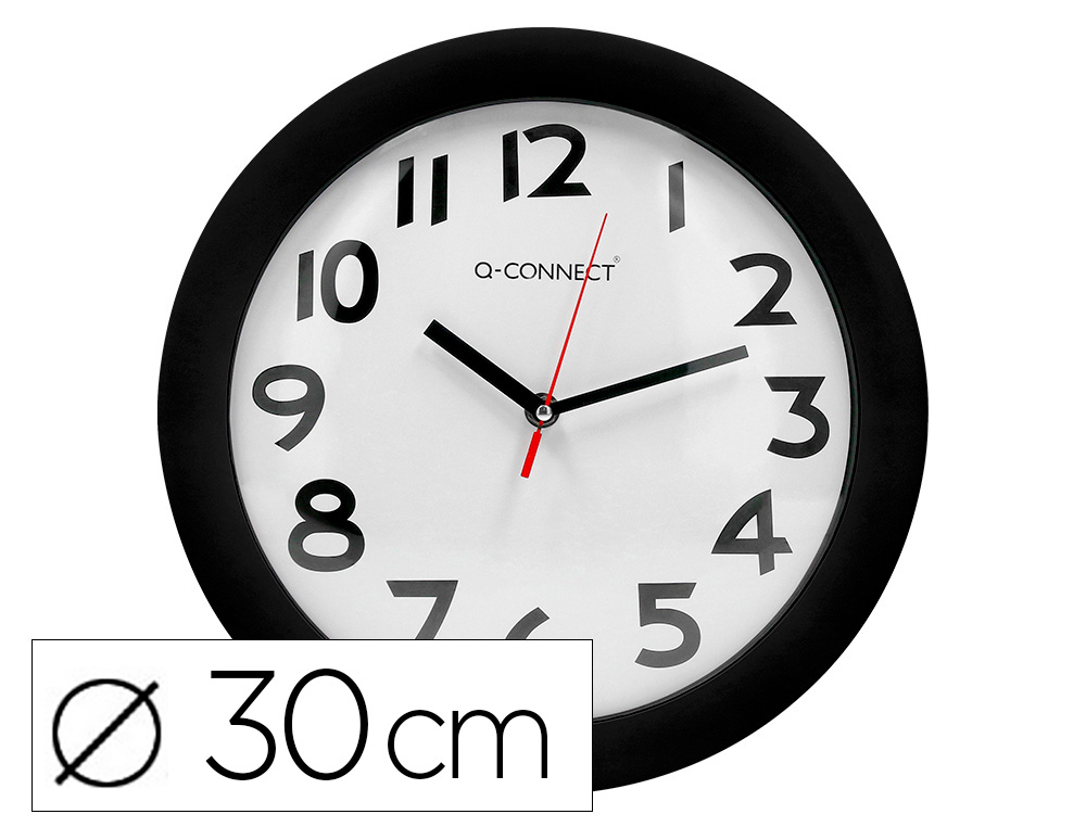 HORLOGE Q-CONNECT MURALE PLASTIQUE DESIGN ACTUEL NUMROS NOIRS FOND BLANC 1 PILE AA NON FOURNIE DIAMTRE 30CM NOIR