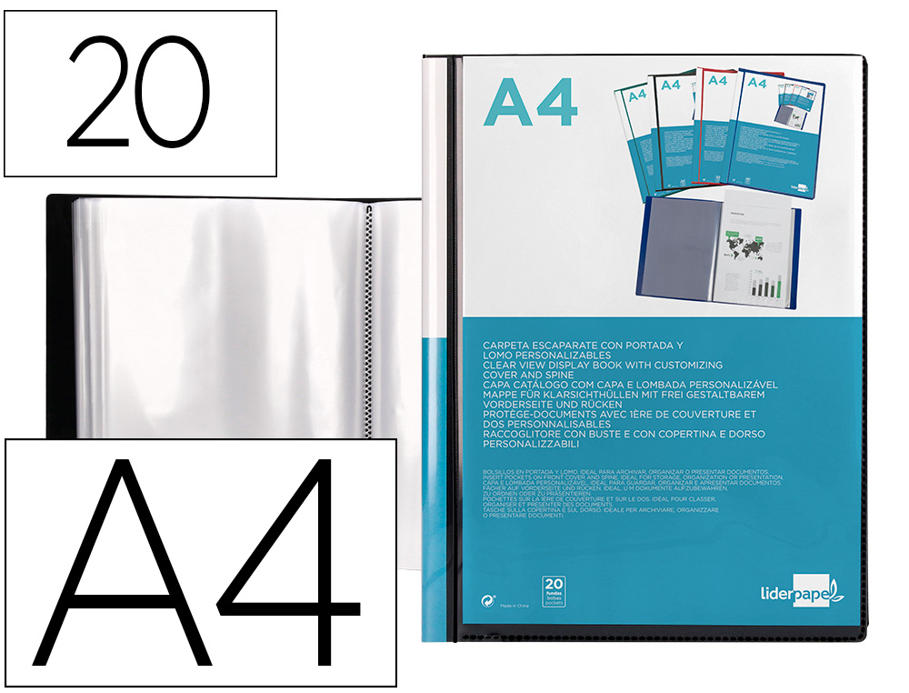 PROTGE-DOCUMENTS LIDERPAPEL PERSONNALISABLE KANGOUROU POLYPROPYLNE 20 POCHETTES FIXES A4 210X297MM COLORIS NOIR